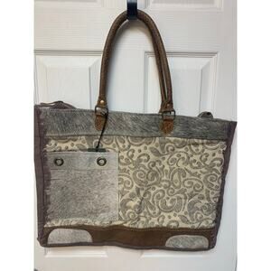 Myra Hide & Floral Weekender Handbag Gray Charcoal Overnight XL Bag 21"x15"x8"